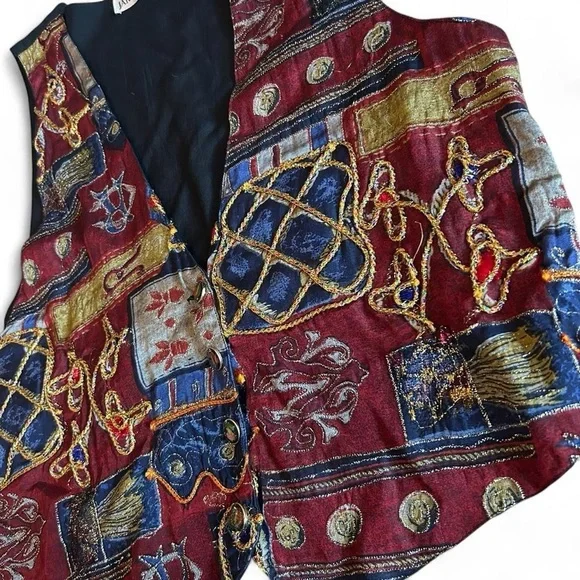 Vintage 80s Baroque Tapestry Vest - Boho Embroidered Gold Statement Piece (S) - Picture 3 of 8